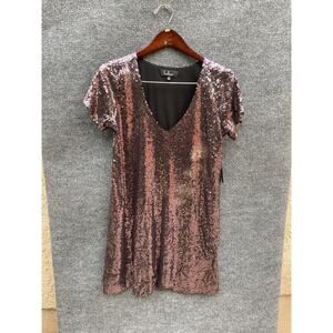 Lulus Dress Womens Medium Rose Gold Sequin Shift Mini V Neck Short Sleeve 66192